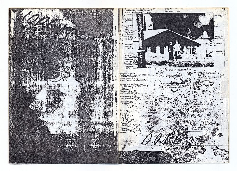 deux pages du fanzine, imprimées en photocopie noire sur papier blanc : collages et taches, des morceaux de journal et une image de maison. Deux inscriptions manuscrites : "iodahum" à gauche et "oôré" à droite