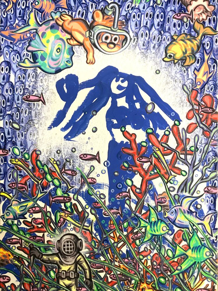 Tableau : autour d'un personnage dessiné par un enfant, peint en bleu outremer, se déploie un paysage sous-marin merveilleux, avec un nounours équipé d'un tuba et des poissons multicolores.
Toile à quatre mains de Pascal Doury avec sa fille Dora Diamant, fin des années 1990.
