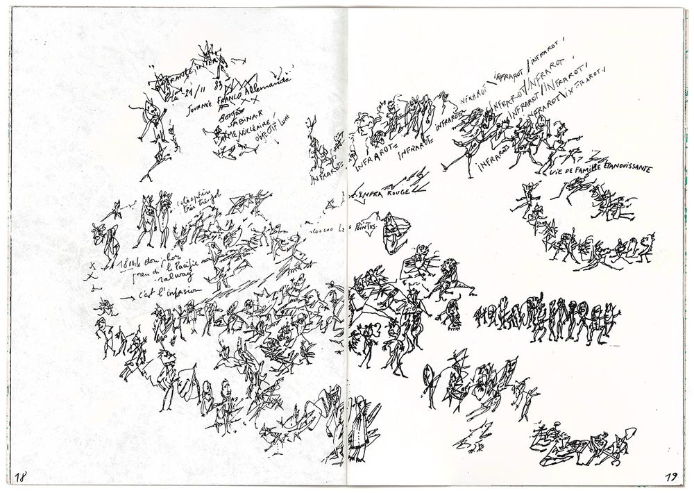 double page d'Infrarot n°2 : un grand dessin en noir de Catherine Dard, de multiples petits personnages 