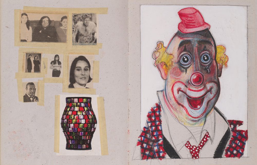 double page d'un carnet de dessins inédit de Pascal Doury : à gauche, un collage au scotch d'images découpées dans des journaux, dont James bond et Michel Simon, à droite, le dessin d'un clown en couleurs.