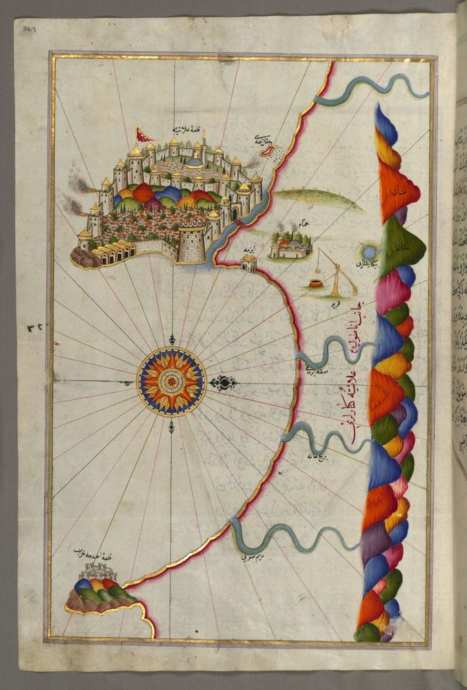medieval map with colourful mountains and gold leaf road. a fortress with gold leaf turrets are seen in the distance.