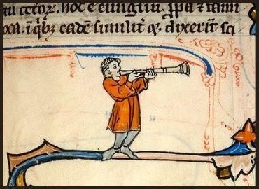 medieval illumination of a figure blowing a trumpet