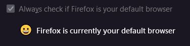 A close-up of the Settings page in FIrefox which confirms that Firefox is my default browser.