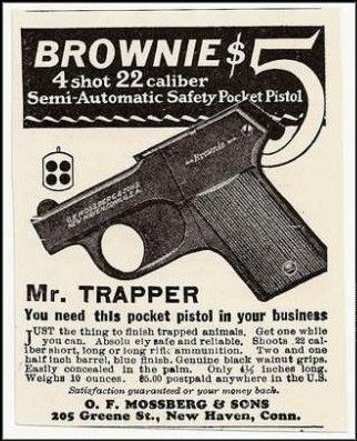 A 1920s ad for the Mossberg Brownie pistol, priced $5