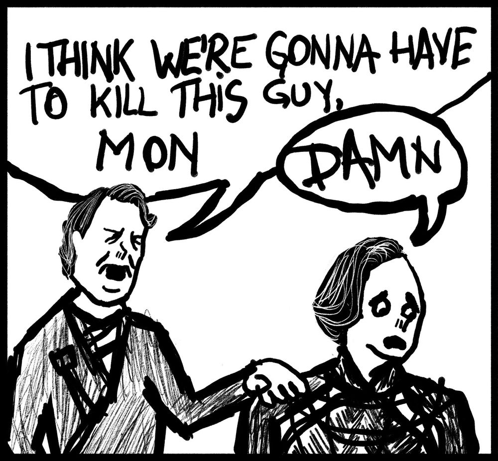 a comic panel in the style of Haus of Decline with Luthen Rael and Mon Mothma from Star Wars. Luthen says: "I think we're gonna have to kill this guy, Mon". Mon replies: "Damn".