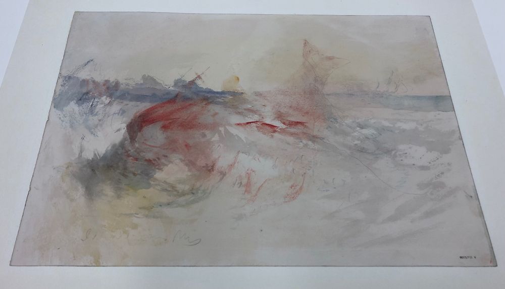 an unframed watercolour painting by JMW Turner depicting a harpooned whale, with some loosely sketched boats in the background