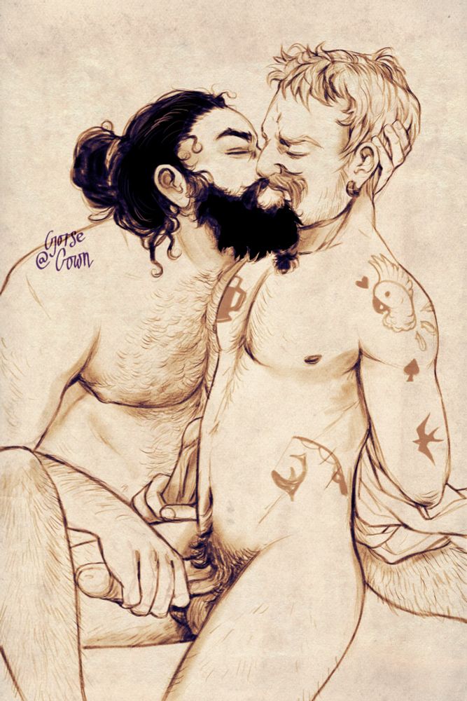 Two nude pirates engage in mutual masturbation while kissing passionately. The one on the left is bulkier with black hair and a thick beard. The other has shorter hair and a moustache, having just taken off his shirt. He also has tattoos such as a beer flagon, a cockatoo, a spade, a swallow, and a fishing reel. 
