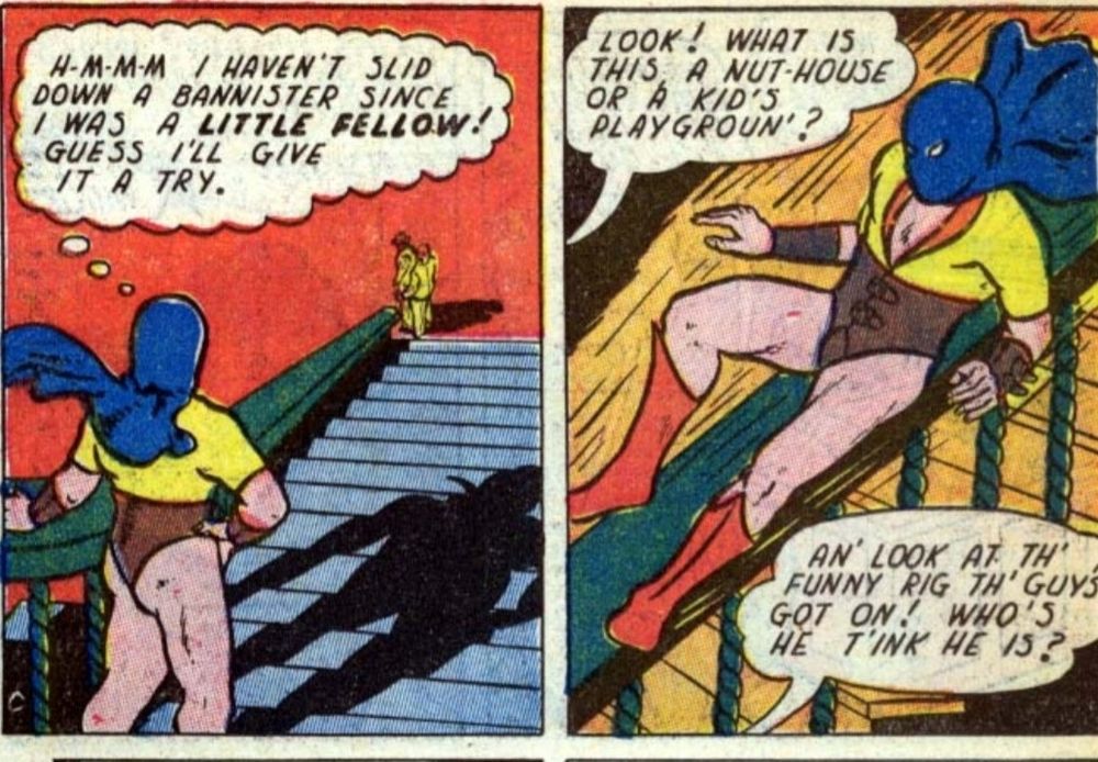 Artwork from All-American Comics #23 that  depicts the Mighty Atom sliding down a bannister while still wearing his thong. By Ben Flinton.