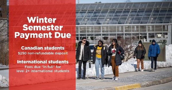 Students walk down a campus pathway line with snow. "Winter Semester Payment Due" 
