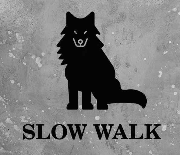 Ominous icon of a wolf with the words "Slow Walk" beneath it.