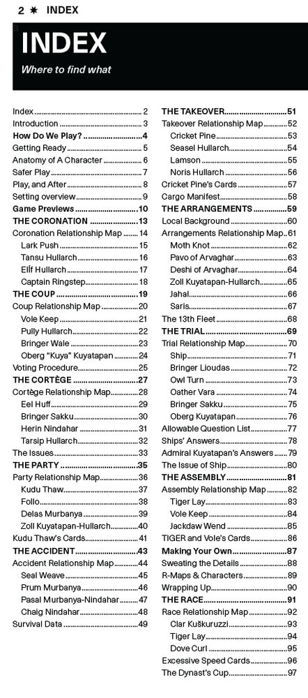 A table of contents detailing each of the nine included games, and rules to play and make them. 