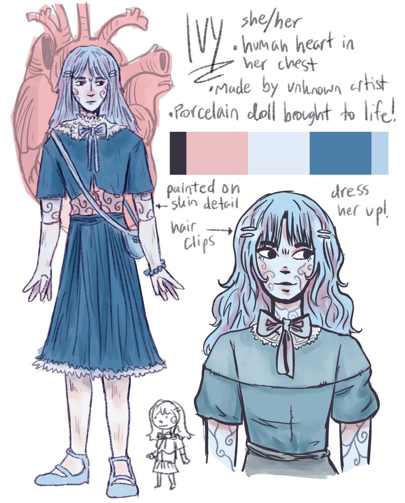 Ivy 
she/her
human heart in her chest
made by unknown artist
porcelain doll brought to life
painted on skin detail
hair clips
dress her up!