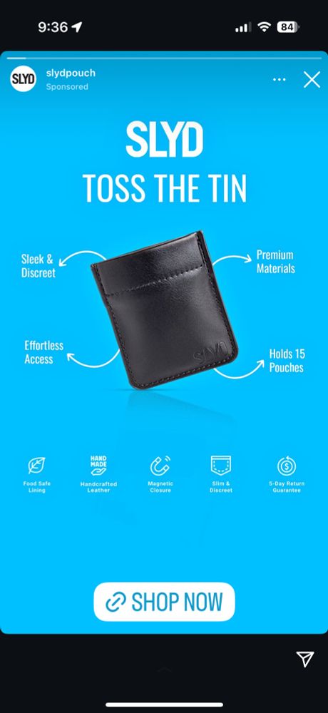 Screenshot of Instagram ad for a little leather pouch, being marketed as a Zyn holder