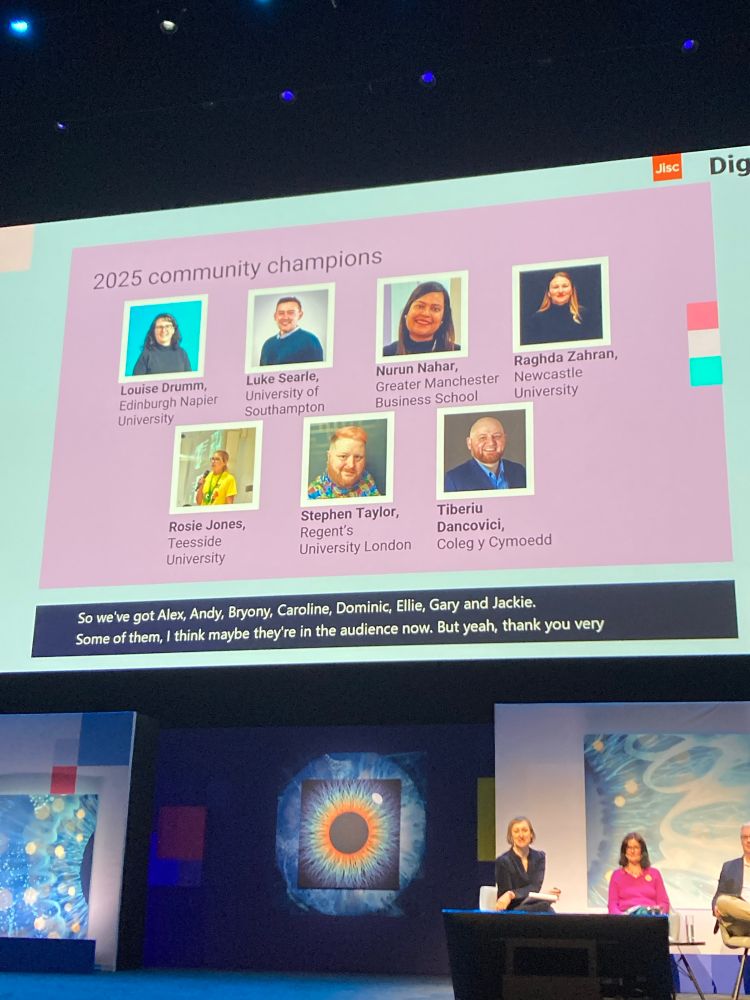 Photo of 2025 Jisc Community champions: Louise Drumm, Luke Searle, Nurun Nahar, Raghda Zahran, Rosie Jones, Stephen Taylor, Tiberiu Dancovici 