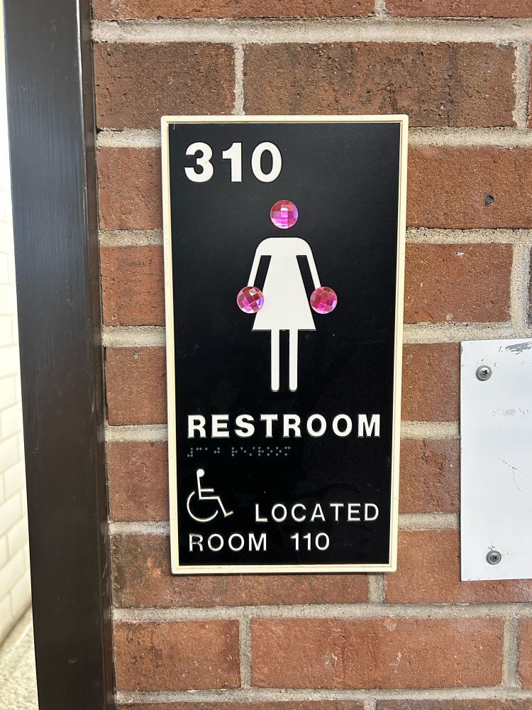 Photo of a women’s restroom sign devoted with sparkly pink gems. 