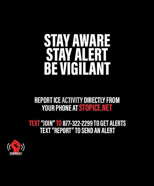 Information to report Ice activities - StopIce.net 
Text Join to 877-322-2299
to get alerts.  Text Report to that number to report ICE in your area.