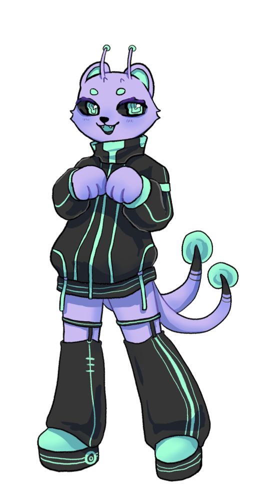 (Peri) Purple anthro bear alien thing with two tails. Wearing oversized black and green sweatshirt-type thing. Has leg warmers and platform boots.