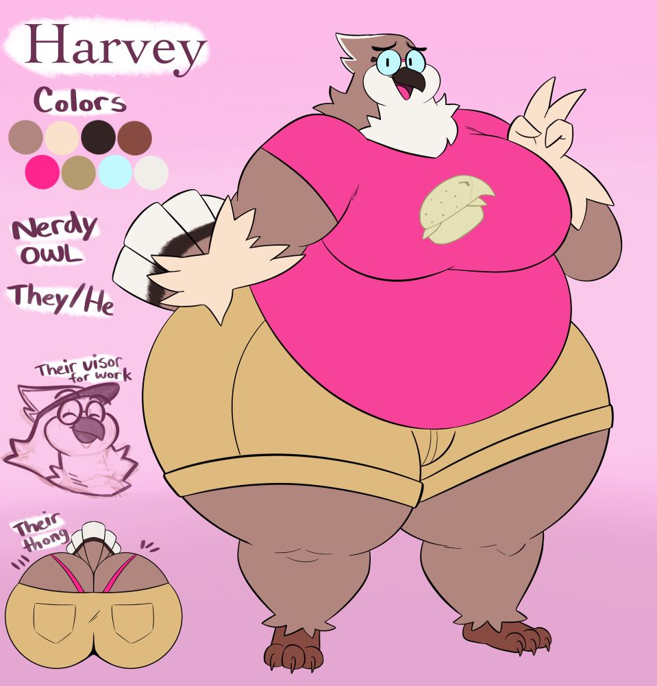 A busty nerdy owl, his boobs bounce when he walks, also very clumsy