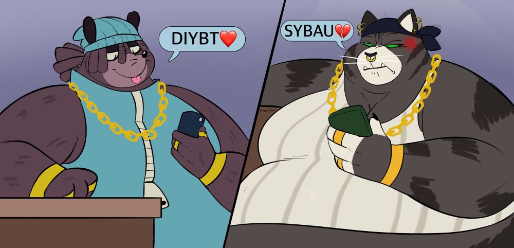 My ocs (left)Funk and (right)Catfish texting each other with internet lingo