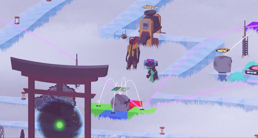 Screenshot from Future Vibe Check showing a snowy industrial landscape with floating platforms connected by purple laser beams. A traditional torii gate stands on the left, while robotic characters and machinery are scattered across icy terrain with colorful geometric structures.