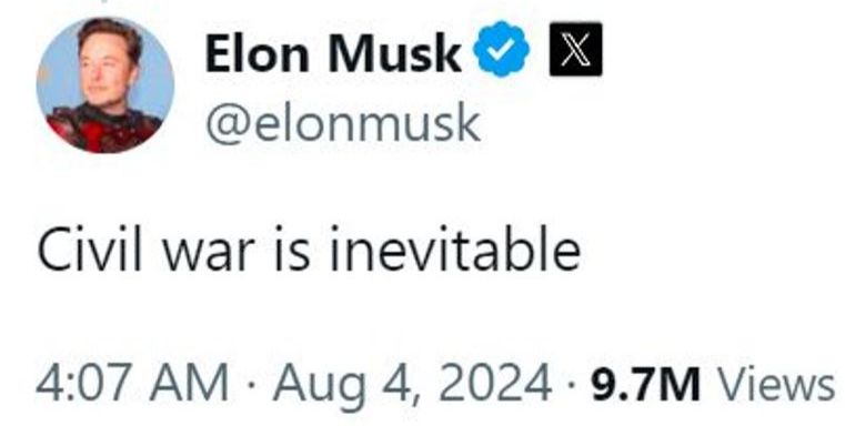 Elon Musk's post proclaming that "civil war is inevitable" at the height of the 2024 xenophobic riots in Southport, UK