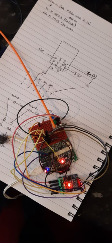ESP8266 dev board with a motor driver (for level conversion) and 433MHz transmitter and lots of dupont wires!
