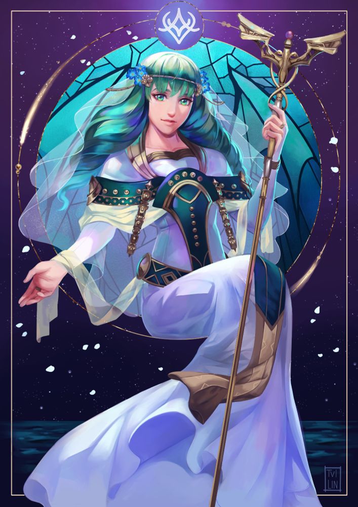 Fan art of Saint Cethleann from Fire Emblem Three houses-
She's wearing a robe inspired by Lady Rhea. There a round stained glass behind her, shaped like dragon wings.