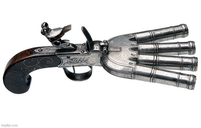 A silver flintlock gun with four barrels alongside each other