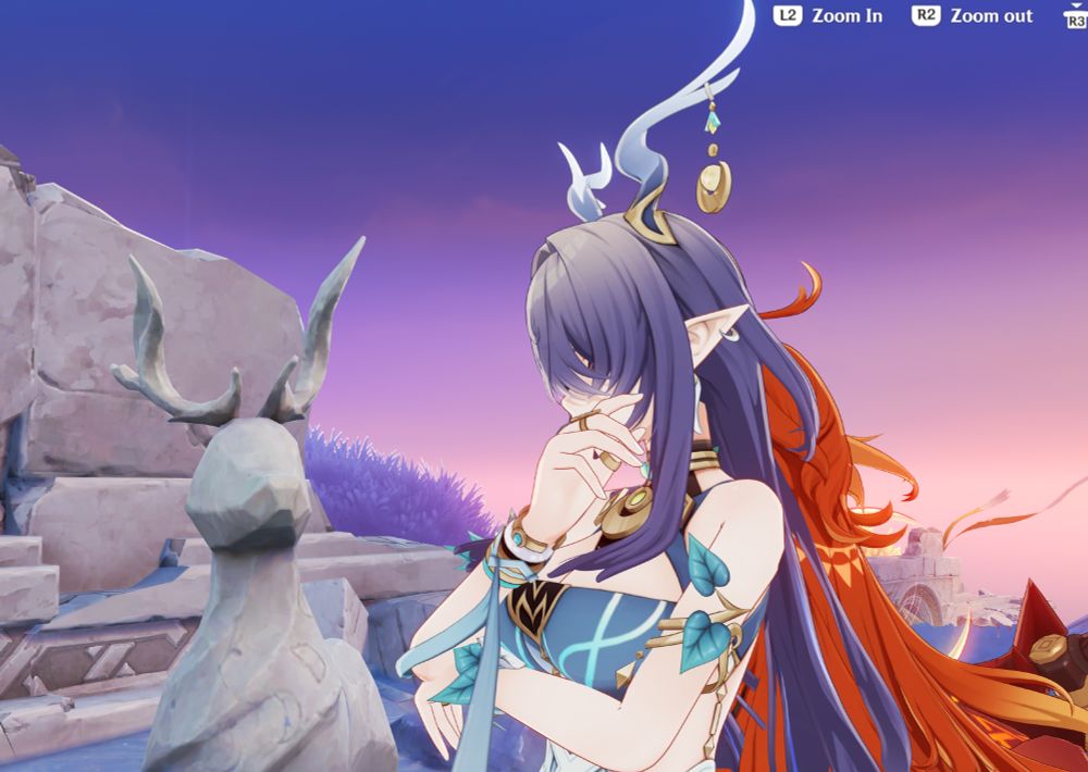 A big tittied lady from Genshin Impact. She has adorned antlers and gray, long hair. Elf ears. I repeat, she is big-tittied. She has a pose like David the Thinker, framing her big-tittiedness well, and hair spills over her left breast. A fire Goddess is clipping with her because I thought Mauvika was going to be a good, red, backdrop to Lauma's pale breastedness, but she started doing her idle animation. Wicked as shit red, beefy, motorcycle is off pic.