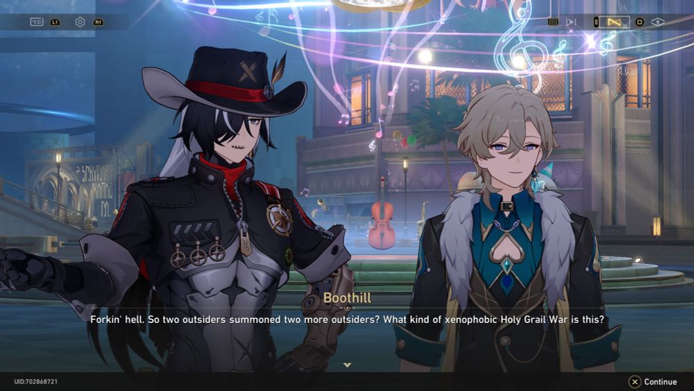 An image from the game Honkai:Star Rail where one characters asks if the event "Holy Grail" is xenophobic cause two outsiders summoned another two outsiders.