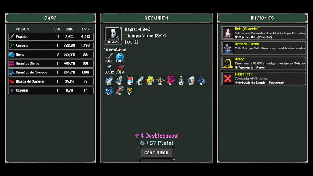 Una pantalla de resultados del videojuego Megabonk, apuntado que se aguantó 13 minutos, se consiguieron 57 monedas y se completaron 4 misiones.