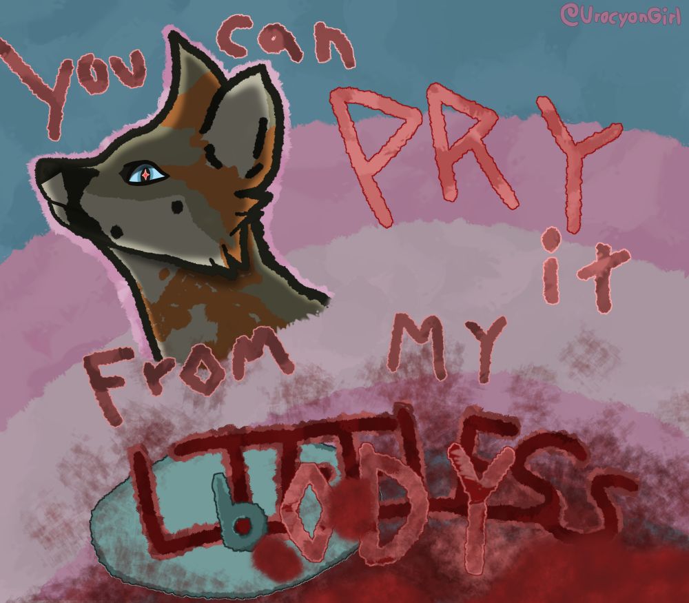 digital art, with a trans flag background. a side view, backlit grey fox headshot, with it's sparkling eye turned towards the viewer. it's surrounded by text saying "You can PRY it from my LIFELESS body." the final word is overlayed on top of the previous word, and both are surrounded by blood stains. the b in body is an estradiol pill, which has the letter b on the center of it.