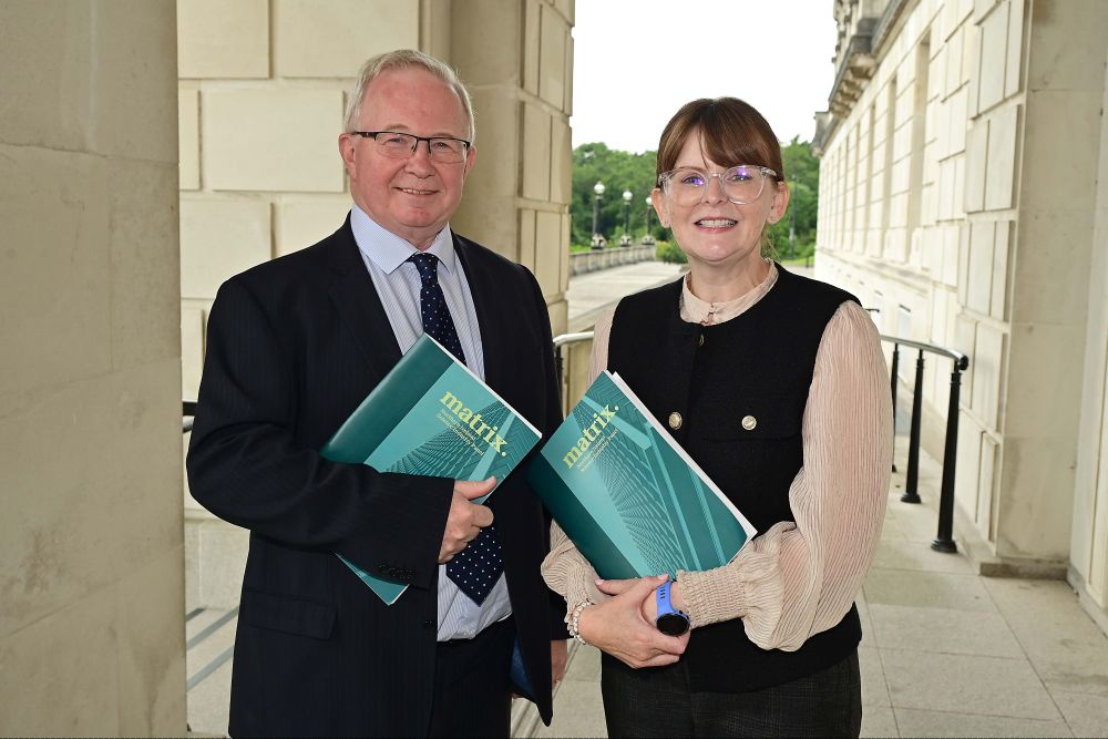 Dr Michael Shaw the UK and Ireland Operating Unit Leader and CEO for RPS, (a Tetra Tech company) with Dr Caoimhe Archibald,  Economy Minister at Stormont launching the report