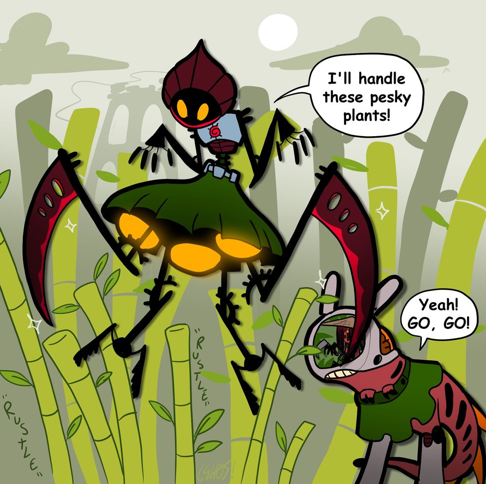 Loe hovers, preparing to use her scythes and claws to cut through thick plants. Behind her is Sata.co, her ever eager friend cheering her on.