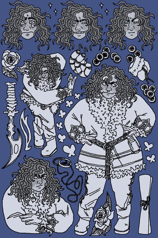 a doodle page of my partner's character aleanor. the entire page is duotone in color with a light blue filling in all the doodles and a darker purple-toned blue in the background. her hair and skin are both filled in with screentone so her skin is tanned and her hair is darker. she is standing on the bottom right of the page with her hands on her hips. she is a person with dwarfism. her hair is curly and med-length, reaching her sholders. she is wearing a very poofy coat with a fur trimmed interior - tufts of fur at the edges. she is wearing gloves. there is a pattern on her sleeves reminiscent to the designs on the celebrant's dress trims. she has a detailed belt cinching her waist with a dagger handle in the shape of a spine hanging from a sheath hooked to it. she is wearing pants with the legs rolled up and plain boots. she has freckles and is giving a smug smile to her left. to her right, in the corner of the image is a rolled up map. in the space between her legs is a rose. in the very left of the image is a half-body drawing of her with her arms crossed and a deep pout on her lips. between the previously mentioned two drawings of her is a ring hanging off a slightly tangled chain necklace. above her half-body is another smaller fullbody of her giving a deep and exaggerated bow. to the left of that drawing of hers is her spine dagger, but this time with an elaborately curved blade sticking out of it. between her two full-bodies, small butterflies dot the space. above her first full body, to her left is a small leather bag full of coins. the coins scatter around her head. to her right is a pair of curled up earrings, resembling scorpion tails. to the left of the second full-body is another decorative rose. at the very top of the image are three simple headshots of her. the first, she is frowning deeply and tearfully, in the second, she is grinning mischievously and in the third, she is glaring and puffing out her cheeks.