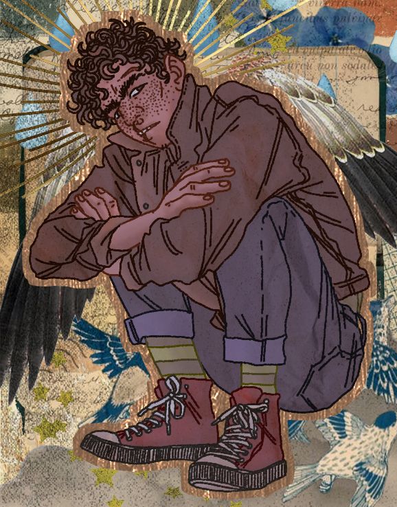 a drawing of my partner's oc, orvyn. he is crouched low to the ground at a 3/4 angle with his knees bent up against his chest and his crossed arms resting fully on them. he is looking at the viewer with a bit of a sneer. orvyn has short curly brown hair and brown eyes. his complexion is tan. his face is covered in freckles. he has a scar on his forehead that is perpendicular to his left eyebrow and another scar that is perpendicular to the right side of his lips. his eyes are narrowed slightly. he is wearing a worn brown leather jacket with the sleeves rolled up to about mid-forearms. he is wearing muted blue jeans with the ends folded up to reveal his light and dark neutral green socks. he is also wearing red converse sneakers. all the coloring has a bit of a watercolor splashed texture to it with a crumpled paper overlay. there's an outline of textured gold around him. the background is a mish-mashed collage of images - a set of bird wings as if they are growing from his back, golden rays blooming from around his head, the outline of an old tattered notebook, the blue outline of birds taking flight and other splotchy and weathered textures.