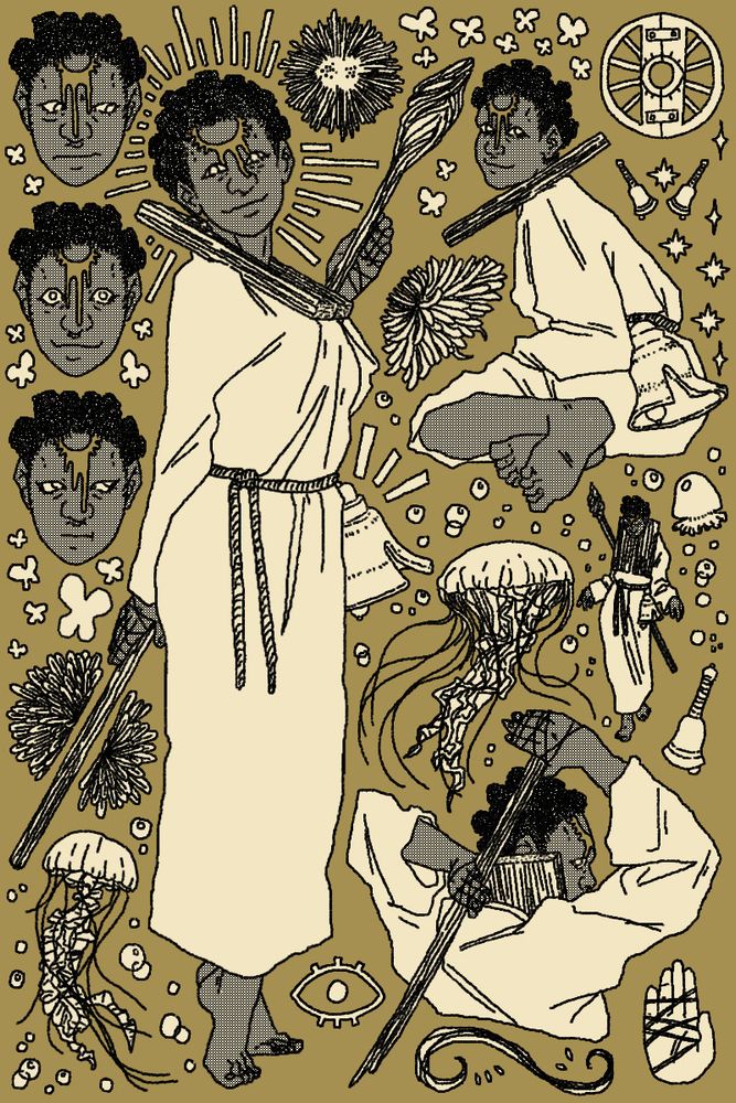 a doodle of my partner's oc, maude. the image is duotone in color with a muted dark gold as the bg and the doodles all filled in in a much lighter shade of gold. on the left is a fullbody drawing of maude. she is standing on her tiptoes, is holding her wooden staff behind her back and is smiling at the viewer. her skin is filled with a dark screetone and her hair with an even darker one. her hair is styled into bantu knots. there is a golden circle painted onto her forehead that is dripping down her nose and into her eyes. she is wearing a long-sleeved burlap dress with a rope tied around her waist. attached to the rope is a large bell. her hands are bound with a thin wire, keeping her fingers tightly together. around her neck is rectangular wooden shackle. on the bottom right corner of the page is a halfbody with her back turned but she is peering over her shoulder at the viewer. she is holding her staff behind her back still, almost as if posed to attack. above her is a very small full body doodle of her doing a gay little walk. above her is another fullbody where she is sitting on the ground and looking to the viewer over her shoulder. on the left page between her larger fullbody and the edge are three portaits of her, each with an expression. the first is hesitant, the second is excitement and the third is mild annoyance. around her, the page is decorated with butterflies, jellyfish, bubbles, spirit summoning bells and dandelions. there is also a drawing of goldmask's mask and a sigil of an eye.