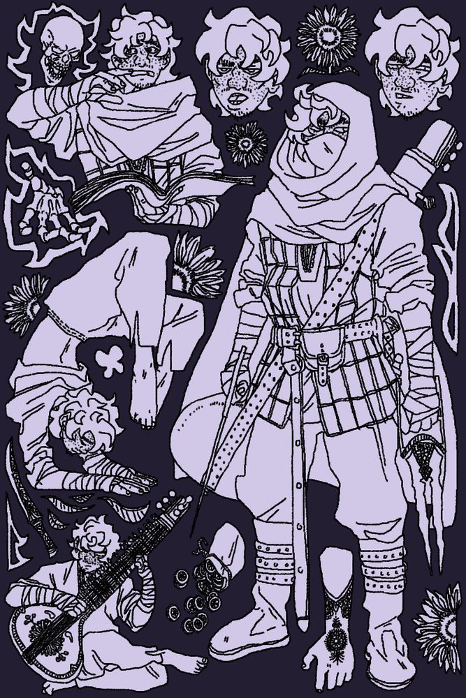 a doodle page of my character uriah. the page is duotone with a light purple filling the doodles and a darker purple in the BG. he is standing on the bottom right of the page with his hands at his sides holding his katars. his hair is curly and short, poking out in wisps from under the hood of his cloak. he is wearing a mask over his mouth and nose. he has freckles. his outfit is layered, a cloak over his head and shoulders, over a leather vest with a rectangular pattern trimmed into it and a long sleeve, low collar shirt. the shirt's sleeves are rolled back to his elbows. he is wearing bandages around his hands that cover his forearms. he is wearing a belt around his waist with a pouch hanging off it at the front and a dagger sheath at his back. he has a long leather strap going across his body, carrying his sitar against his back. he has poofy pants tucked into strapped leather boots. between his legs is a drawing of his arm without the bandage, showing a intricate mendhi-style tattoo. to the left of his right leg is a pouch with coins spilling out of it. in the bottom left of the image is a small fullbody drawing of him sitting with his legs crossed, eyes closed as he plays his sitar, not wearing his cloak or vest. without his mask on, you can see he has a mustache and chin stubble as well as high cheekbones and a curved nose. above him is another fulbody drawing of him upside down on his forearms with his feet together by his head. he is smiling peacefully, stretching his back. the gaps between the uriah doodles are filled with doodles of sunflowers, a butterfly and an eardleaf dagger. at the top left corner of the image is a halfbody of uriah holding an open book as he waves his free hand over it to cast an incantation. he looks comically panicked as a floating skull to his right shouts at him. to the right of him and on either side of the head on the very first full body of him are two headshots of him. in both he looks clearly displeased and is mid-complaint.
