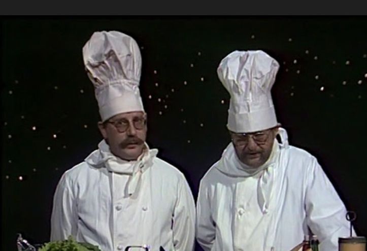 Sven Melander och Åke Cato i karaktär som kockarna Werner och Werner från 80-talshumorprogrammet Nöjesmassakern.
