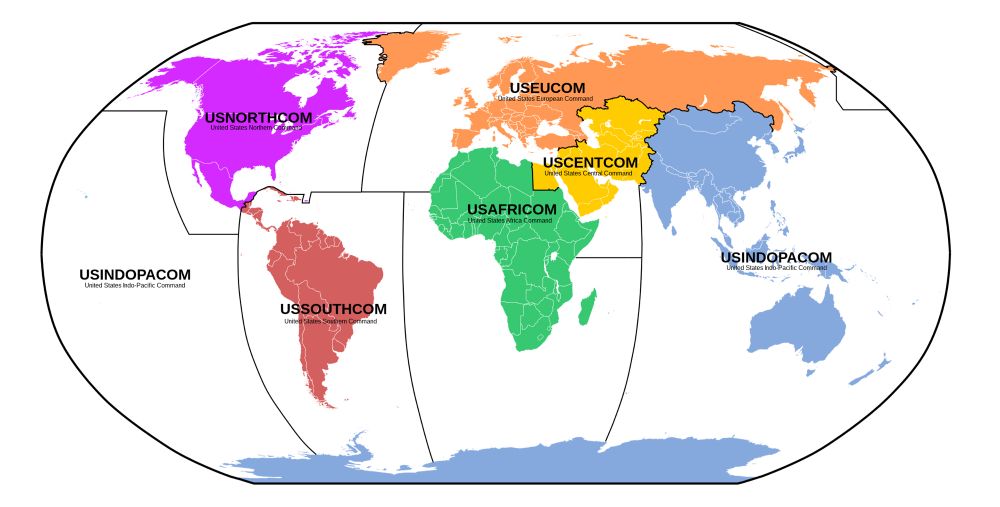 This a map depicting the two US geographic Combatant Commands that matter and the four that don’t.