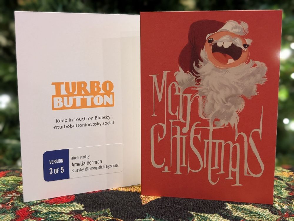 The Turbo Button logo dressed as Santa, with a flowing white beard that almost spells "Merry Christmas."