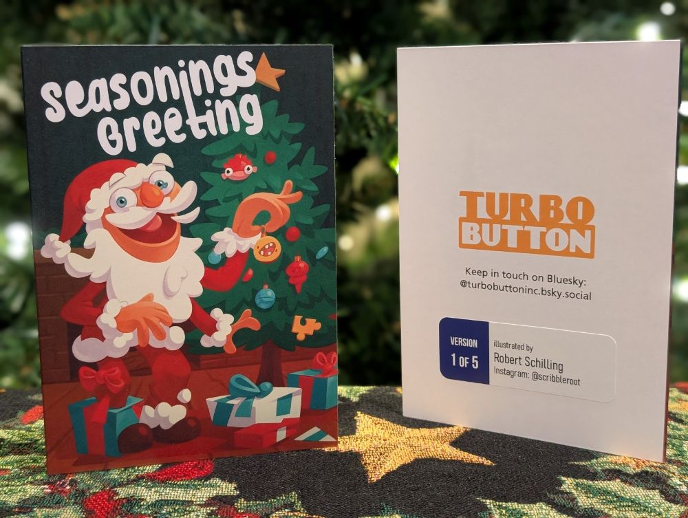 A PuzzPal from Floor Plan 2 dressed as Santa holding a deformed Turbo Button ornament. He has too many arms and fingers, and his foot has morphed into a present at the base of a Christmas tree.