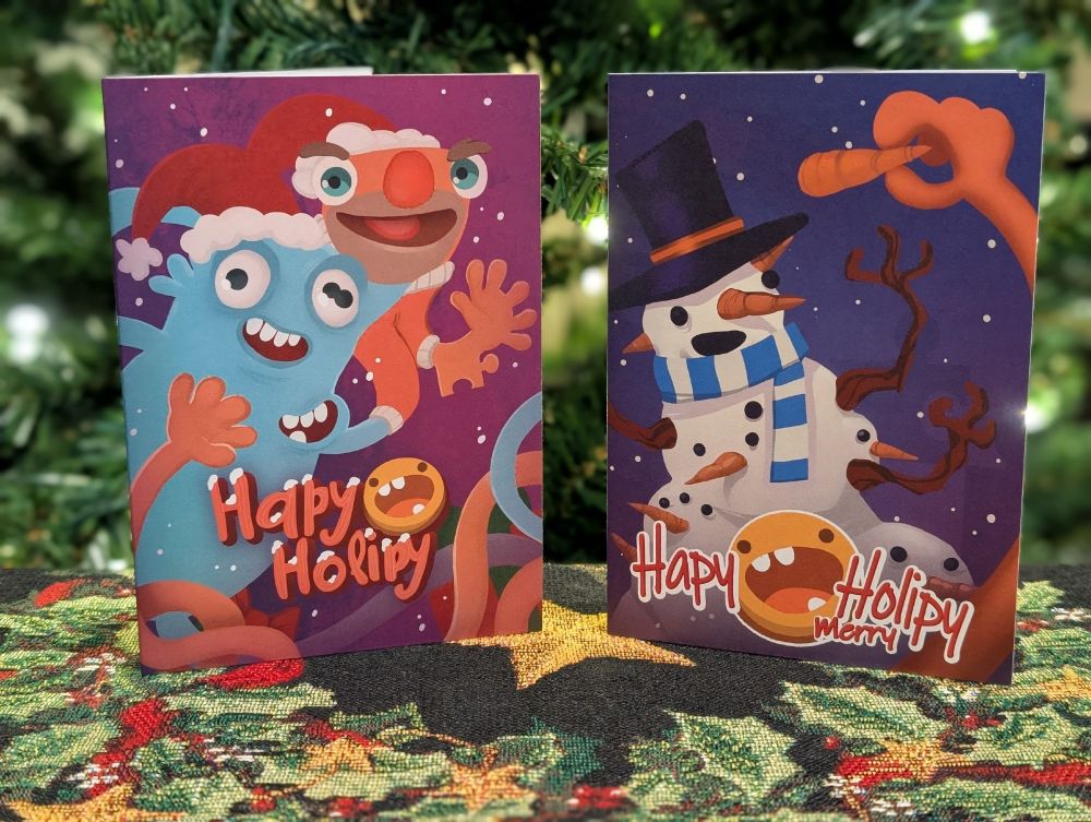 Left: a hooman and PuzzPal from Floor Plan 2 wearing Santa hats. They have too many eyes and mouths, and the PuzzPal has a puzzle piece growing out of his wrist. Text along the bottom confidently reads "Hapy Holipy."

Right: A hand from Floor Plan 2 places a carrot on the face of a snowman that already has a carrot, as it melts into multiple snowmen.