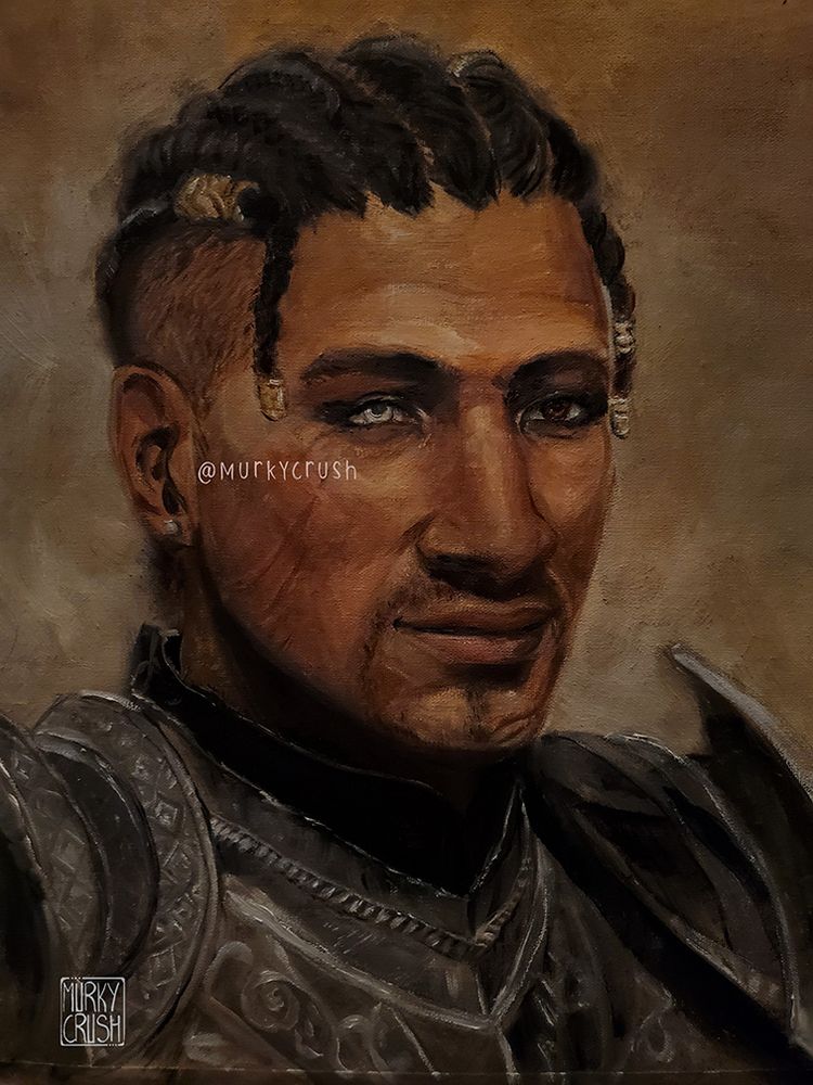 Wyll Ravenguard of Baldurs Gate 3 wearing a steely, plate armor that has delicate swirls and triangular patterns. He's looking away from the viewer and smiling softly. His hair is twisted and braided with a few pieces of hair jewelry. 