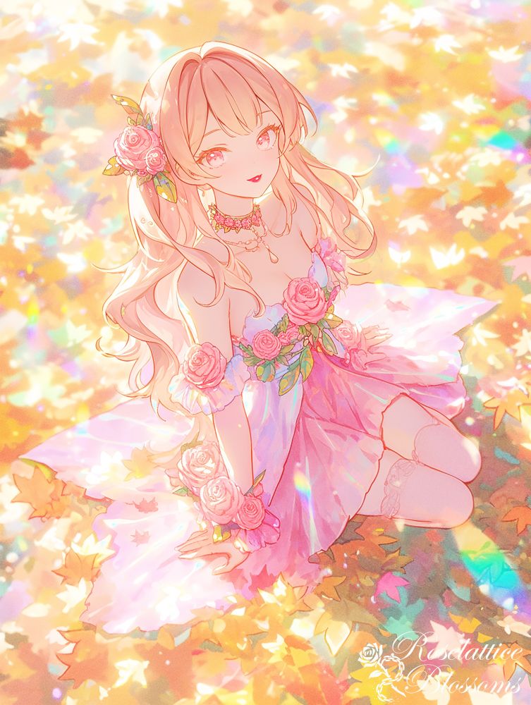 淡いピンク色の髪をした少女が、花の飾りをつけたピンクのドレスで落ち葉の上に座って微笑んでいる。背景は光が反射して虹色に輝き、周囲には黄色やピンクの落ち葉が散っている。少女は穏やかで優しい表情をしている。AIイラスト
A girl with soft pink hair sits on autumn leaves, wearing a pink floral dress and smiling gently. The background glows with rainbow-colored reflections, and yellow and pink leaves are scattered around her. She has a calm, gentle expression.AIart