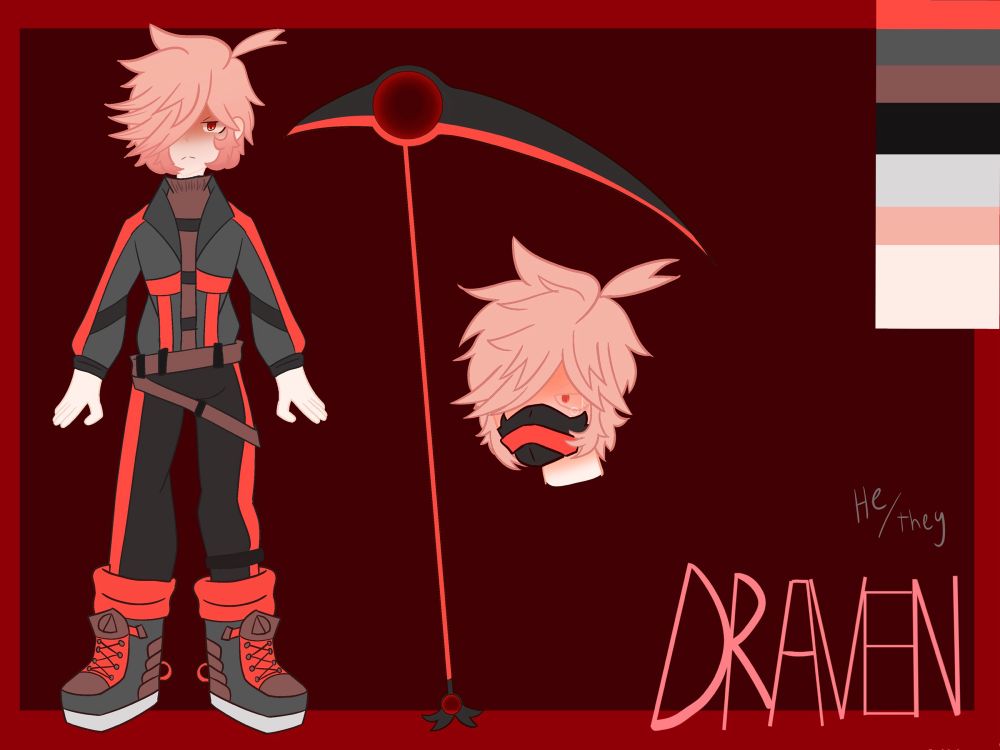 Draven has messy blonde hair, red eyes, and a striking black and red outfit with a matching large scythe.