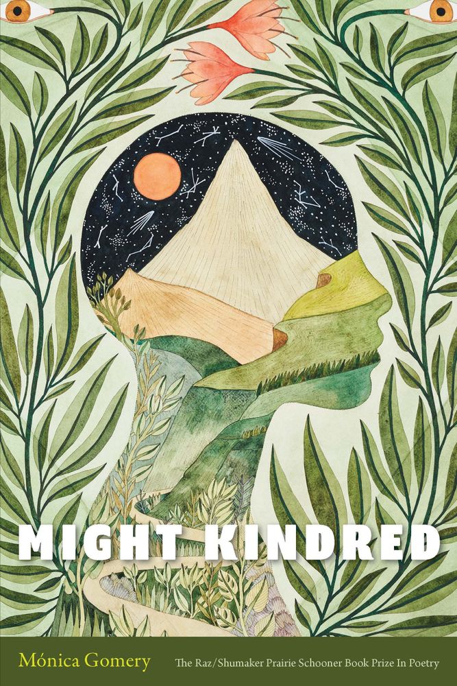 Cover of "Might Kindred"

A mountainscape sits inside the side profile of a human silhouette amongst a background of greenery sprouting eyes and flowers