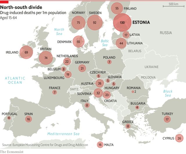 A map captioned: North-south divide. Drug-induced deaths per 1m population. Aged 15-64.

Estonia has 130, various countries in Eastern Europe go between 20 and 30, though the ones closer to Russia are in single sigits. Romania has 2, Portugal 4, Italy 8 and I'm lazy. Britain has 74, Ireland 69, Norway 75, Sweden 92. Sorry, I'm also scatterbrained.