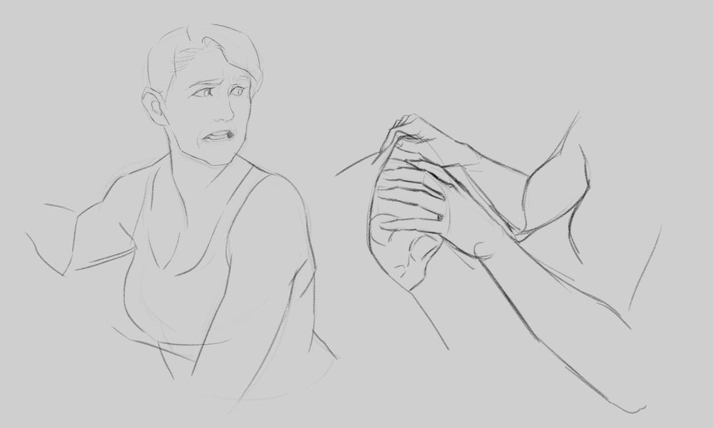 Two digital pencil drawings/studies: one of a woman, torso-up, looking like she's in a dicey situation. She's looking back behind her. The other is just a pair of arms stuffing a skull in a bag, as you do.