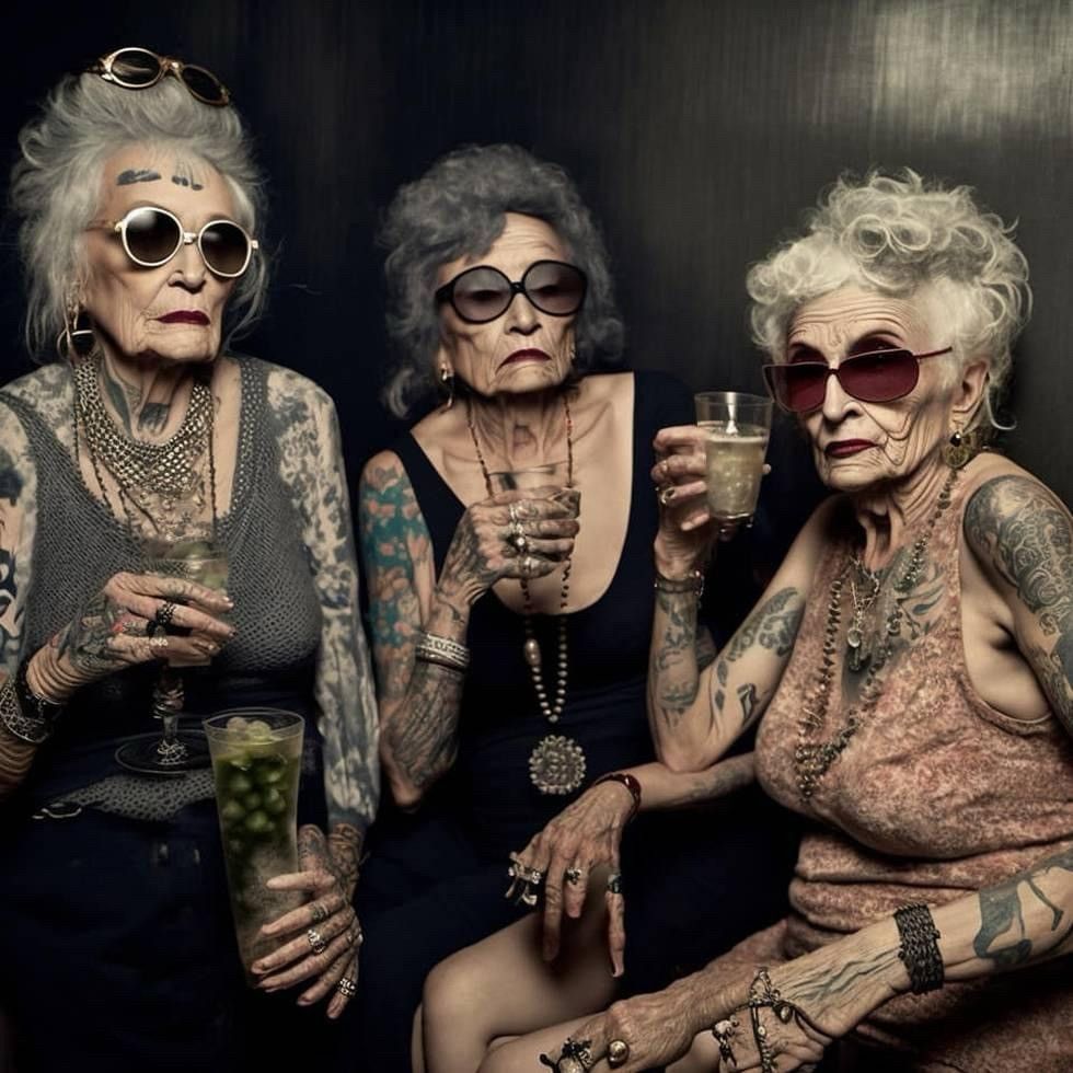 Three women, all apparently Caucasian and apparently 70 or older, are all holding mixed drinks. Each wears a tank top revealing more tattoos; all have full sleeves. The women wear jewelry and sunglasses, with serious expressions. One woman has an extra pair of shades on top of her head.